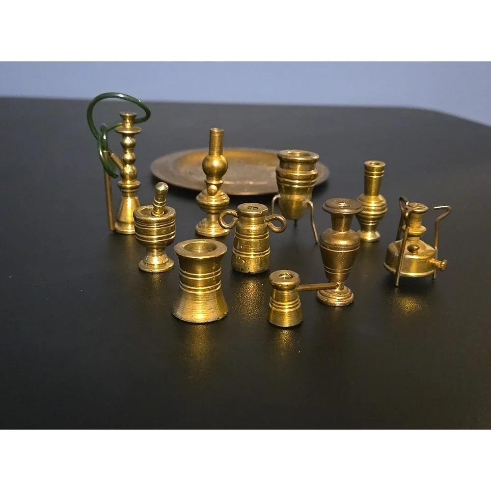 Vintage BRASS LOT 12 PIECES Dollhouse Miniature Vases Cup Urn Candlestick Hookah